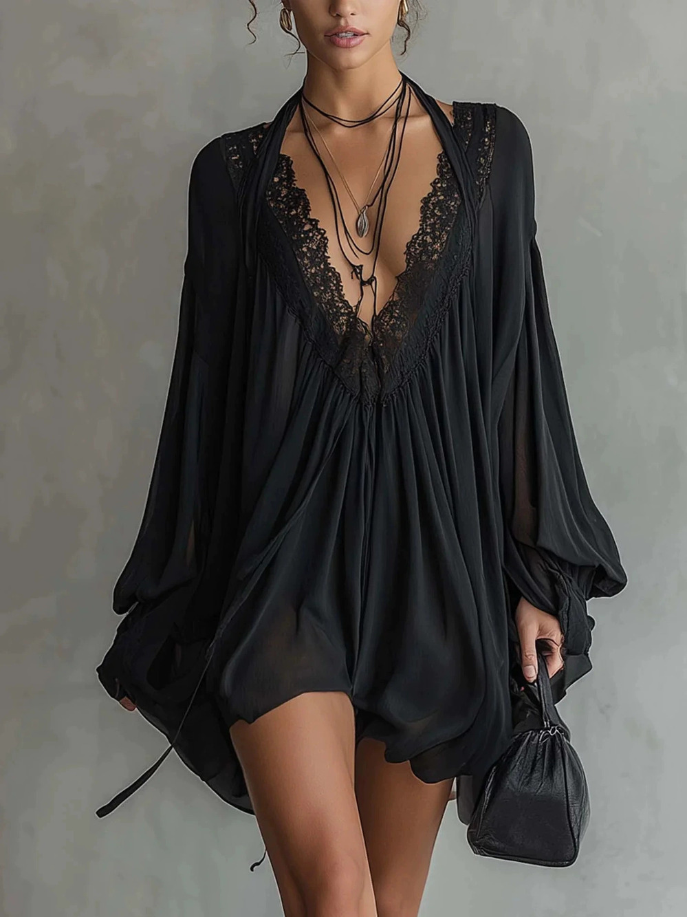 ZARA French Style Black Lace Trim Collar Satin Robe Dress Sexy Loungewear